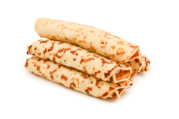 Pancakes with curd isolated on white background.