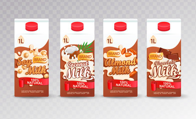 Set of milk packagings with different tastes.