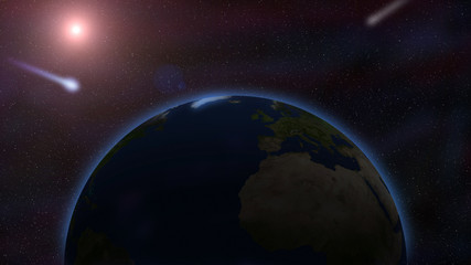Earth and the flying comet against the starry sky from outer space