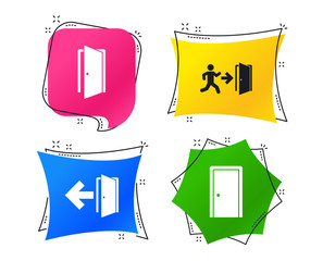 Doors icons. Emergency exit with human figure and arrow symbols. Fire exit signs. Geometric colorful tags. Banners with flat icons. Trendy design. Vector