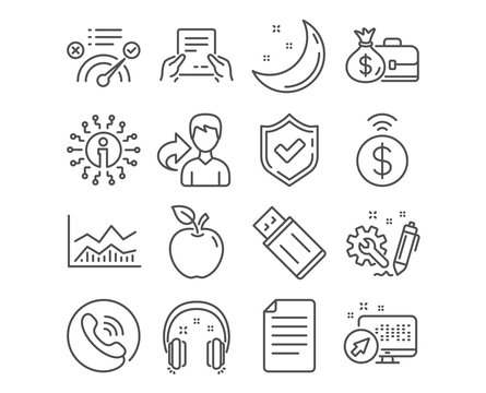 Set of Headphones, Receive file and File icons. Usb flash, Engineering and Contactless payment signs. Correct answer, Salary and Trade infochart symbols. Earphones, Hold document, Paper page. Vector