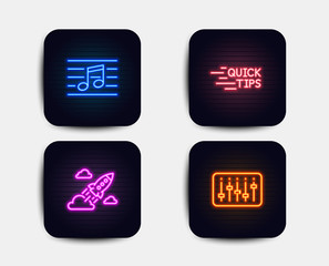 Neon set of Education, Startup rocket and Musical note icons. Dj controller sign. Quick tips, Business innovation, Music. Musical device. Neon icons. Glowing light banners. Vector