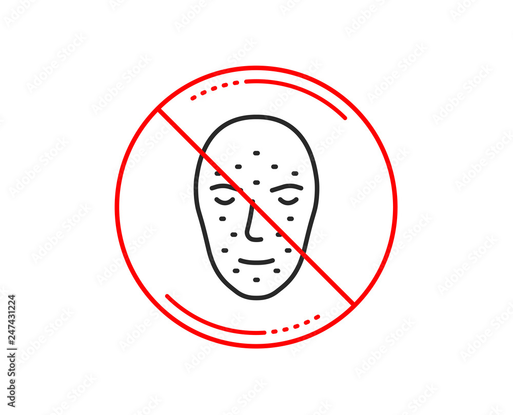 Poster no or stop sign. face biometrics line icon. facial recognition sign. head scanning symbol. caution p