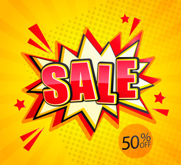Comic Sale Boom banner in retro pop art style on sunburst background with dots,50 percent off.Special offer card, discount template, sticker tag, label, advertising badge, banner. Vector illustration.