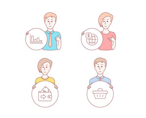 People hand drawn style. Set of World money, Histogram and Wallet icons. Shopping basket sign. Global markets, Economic trend, Money payment. Sale offer.  Character hold circle button. Vector