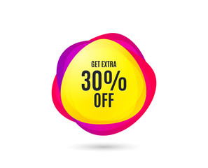 Get Extra 30% off Sale. Discount offer price sign. Special offer symbol. Save 30 percentages. Gradient sale tag. Abstract shopping banner. Template for design. Vector