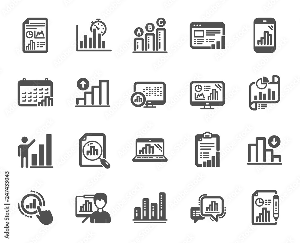 Poster graph icons. set of chart presentation, report, increase growth graph icons. analytics testing, fall