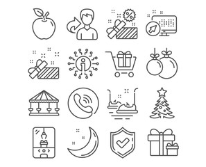 Set of Sale, Christmas ball and Surprise package icons. Shopping cart, Christmas tree and Crane claw machine signs. Bumper cars, Carousels and Present symbols. Gift box, Decoration, Present boxes