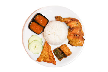 Nasi Ayam Goreng Penyet isolated on white background 