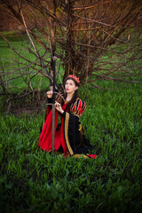 Obraz na płótnie Canvas beautiful, young girl in a black and red medieval dress with a crown on her head and with a sword in her hands. On the background of a dry tree without leaves.