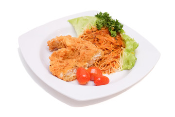 Delicious Spaghetti Marinara Sauce (Italian Tomato Sauce) with Fried Fish Fillet isolated on white background 