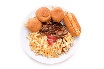 Western food-view of Lamb chop set with burger and french fries isolated on white background. 