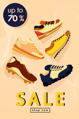Sale vector banner. Sneaker shoes. Sport shop footwear collection. Illustration for a shoe store. Vector flat illustration.