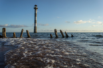 Skew lighthouse in the Baltic Sea. Kiipsaar, Harilaid, Saaremaa, Estonia, Europe.