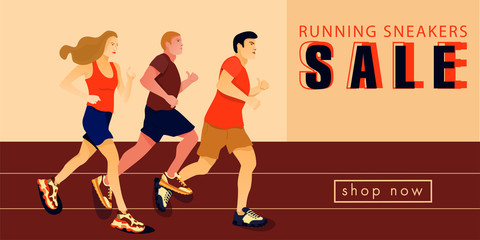 Sale vector banner with running sportsman in sneaker. Sport shop footwear collection. Illustration for a shoe store. Vector flat illustration.