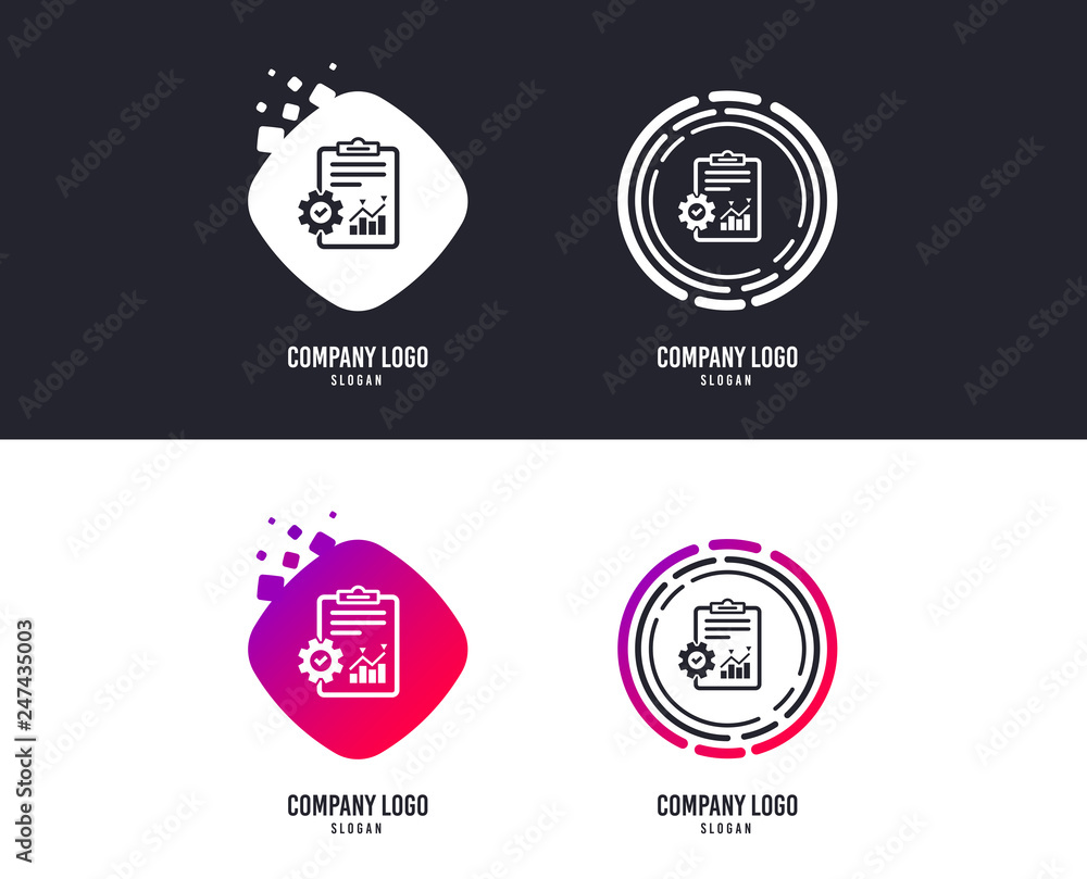 Poster logotype concept. project management icon. report document with cogwheel symbol. file with charts sy