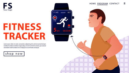 Sport concept with fitness tracker. Man running with smart watch. Landing page template for a store. Vector flat illustration.