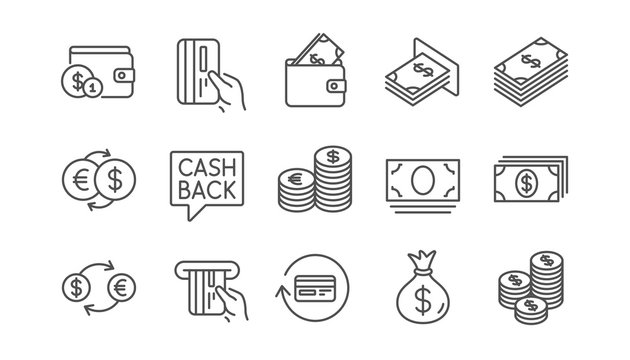 Money and payment line icons. Cash, Wallet and Coins. Account cashback linear icon set.  Vector