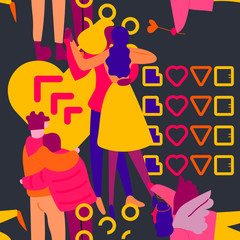Seamless pattern with neon people in love party flat illustration