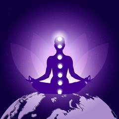 Fototapeta na wymiar Silhouette of Person in yoga lotus asana sitting on planet Earth on dark blue purple background with lotus flower, seven chakras and lighting