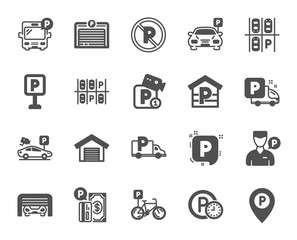 Parking icons. Car garage, Valet servant and Paid transport parking icons. Video monitoring, Bike or Car park and Truck or Bus transport garage. Money payment, Map pointer and Free park. Vector