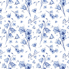 Hand drawn floral seamless pattern background with randomly located elegant blue bluebell flowers on white background