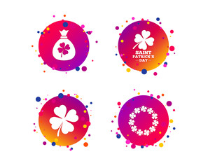 Saint Patrick day icons. Money bag with clover sign. Wreath of quatrefoil clovers. Symbol of good luck. Gradient circle buttons with icons. Random dots design. Vector