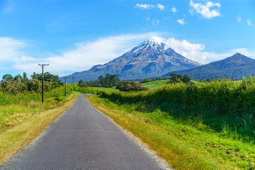Fototapeta na wymiar on the road, cone volcano mount taranaki, new zealand 2