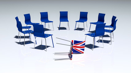 Brexit / UK leave the meeting / Chairs in the circle /3D-Illustration