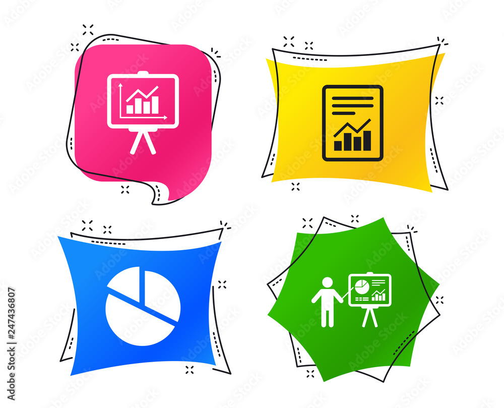 Poster file document with diagram. pie chart icon. presentation billboard symbol. supply and demand. geomet
