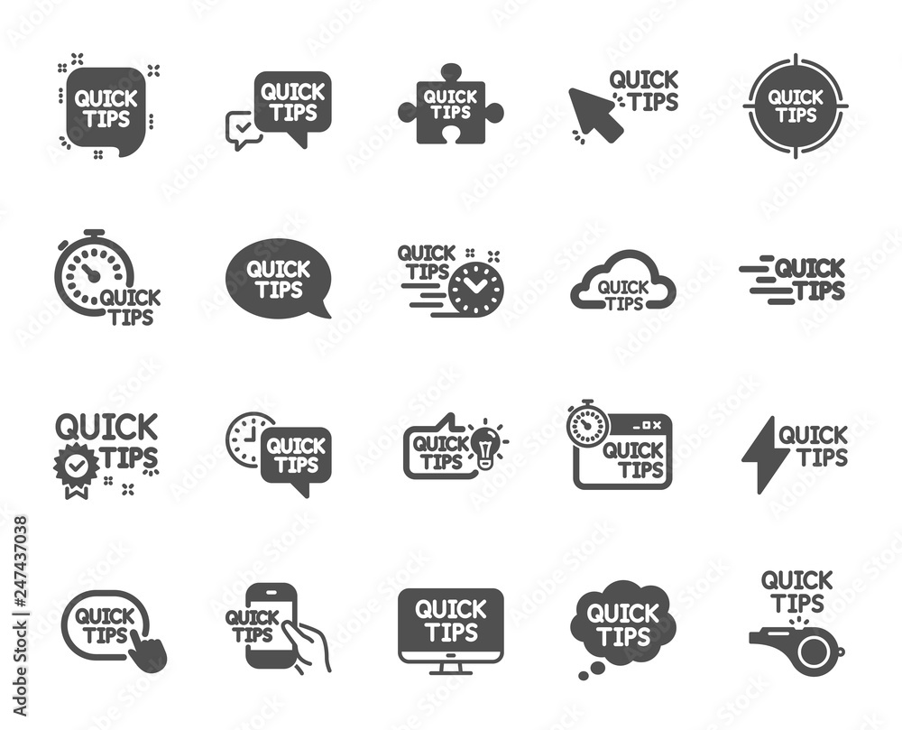 Poster quick tips icons. set of helpful tricks, solution and quickstart guide icons. tutorial, helpful tips