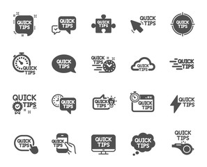 Quick tips icons. Set of Helpful tricks, Solution and Quickstart guide icons. Tutorial, helpful tips and turning tricks. Hand hold smartphone, Quick chat, tutorial, whistle signs. Vector