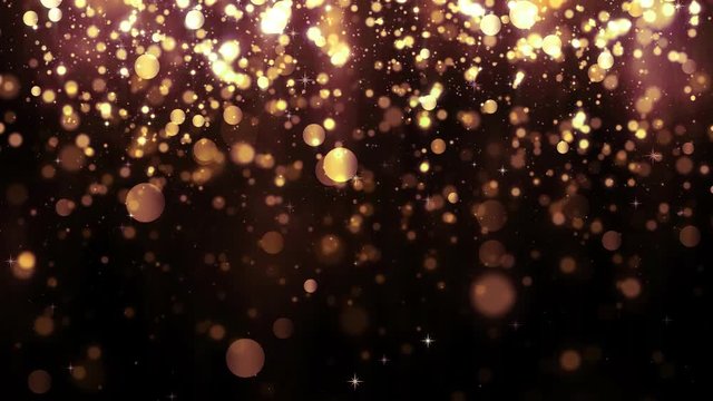 Background with golden glitter falling particles and bokeh. Beautiful light background. Falling gold confetti with magic light. Seamless loop