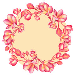 watercolor painting pink blooming flowers isolated on light beige color background.Hand drawn illustration tropical exotic colorful flower card,design,wedding invitation,posters or save the date.