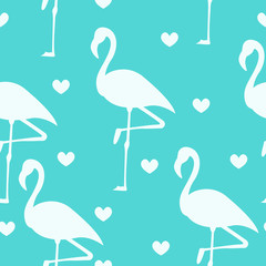 Tropical flamingo pattern. Seamless flamingo pattern with hearts, Vector illustration.