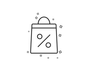 Shopping bag with Percentage line icon. Supermarket buying sign. Sale and Discounts symbol. Geometric shapes. Random cross elements. Linear Shopping bag icon design. Vector