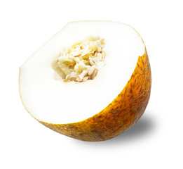 Yellow half of melon fruit isolated on white background. Single cut out object