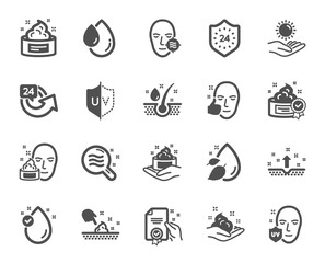 Skin care cosmetic icons. Cream, Serum drop and Face gel or lotion icons. Uv protection. Oil, Vitamin E and Collagen symbols. 24 hour face care cream protection. Medical skin cosmetic. Vector