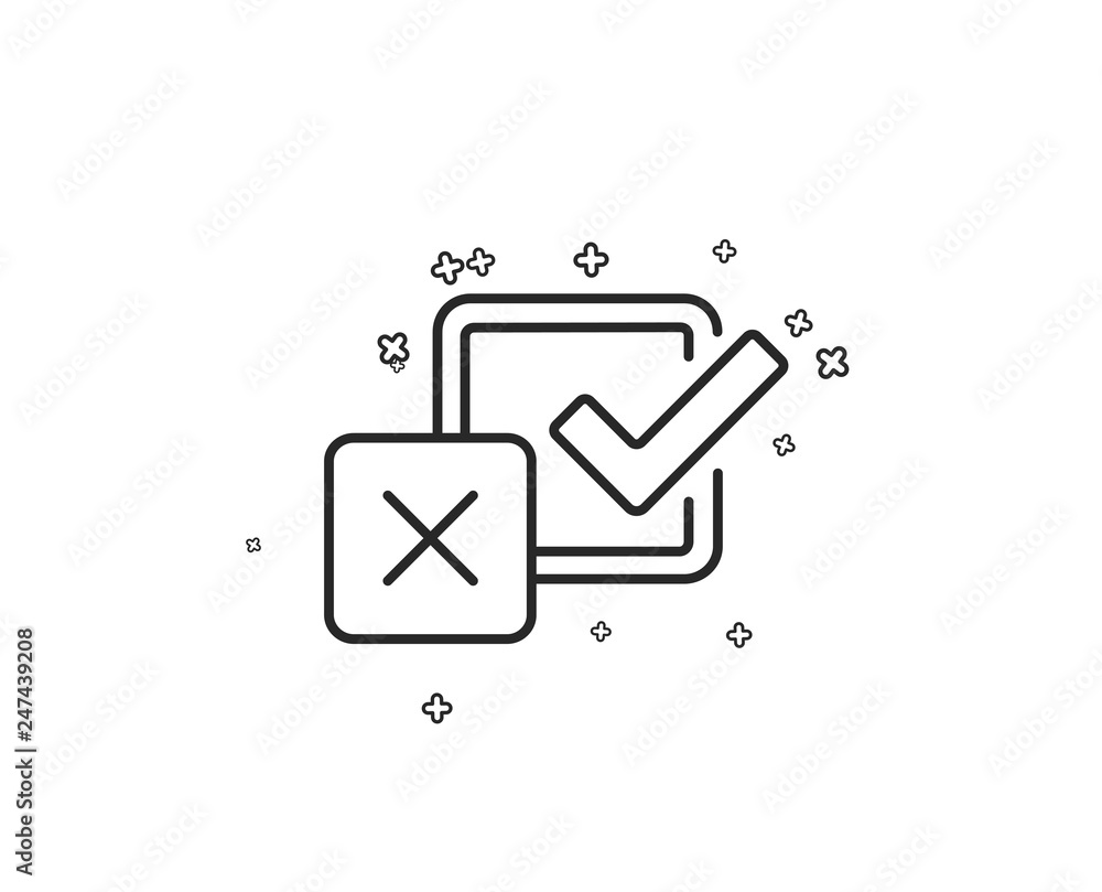 Poster checkbox line icon. survey choice sign. business review symbol. geometric shapes. random cross eleme