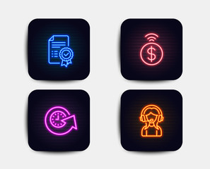 Neon glow lights. Set of Update time, Contactless payment and Certificate icons. Support sign. Refresh watch, Financial payment, Verified document. Call center.  Neon icons. Glowing light banners