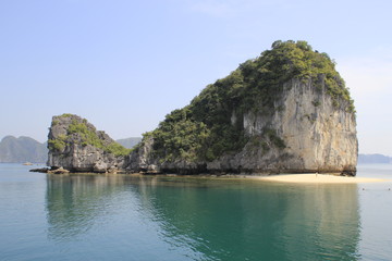 Stunning views of the quaint cliffs and the sea with turquoise water in the most famous place in Vietnam - Ha Long Bay.