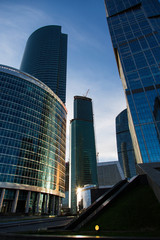 Moscow-City Mirrored skyscrapers business center. Over blue sky background.