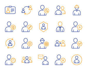 Users line icons. Profile, Group of people and Support signs. ID card, Teamwork people and Businessman user symbols. Person talk, Engineer profile and Human Management. Job support. Vector