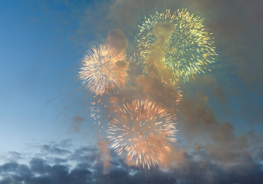 Celebratory fireworks in night time smoky closeup, concept celebration, festival, fun