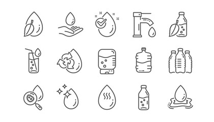 Water drop line icons. Bottle, Antibacterial filter and Tap water. Clean water linear icon set.  Vector