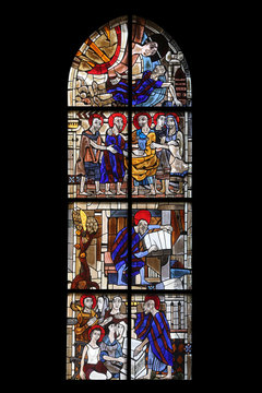 Scenes from the life of St. Paul, stained glass window in the parish church of St. Peter and Paul in Oberstaufen, Germany