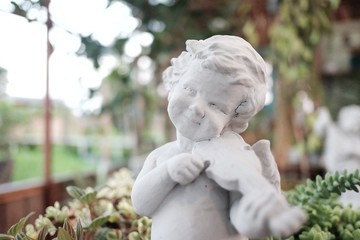 White cupid angel statue playing a violin in green garden background 