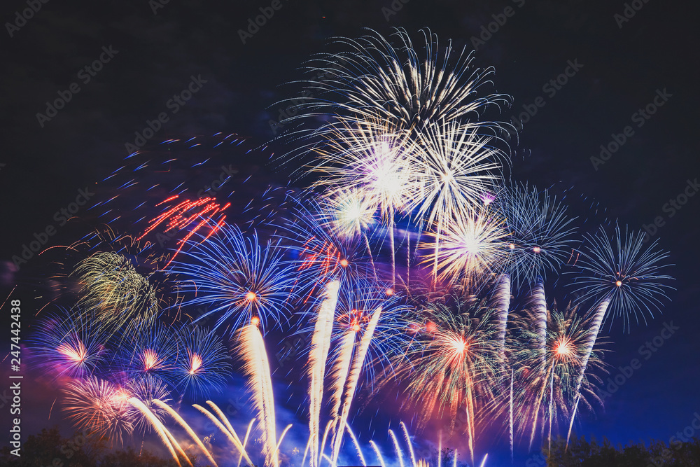 Poster brightly colorful fireworks on twilight background