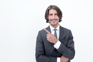 Handsome businessman showing finger point up
