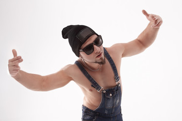 nice man dancing break dance in the Studio .isolated on white